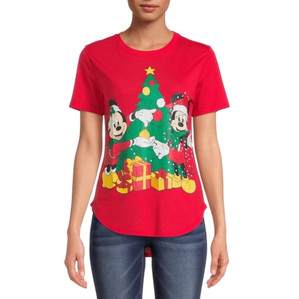 Disney Red Mickey Mouse and Minnie Mouse Christmas Tee Shirt, Holiday Top